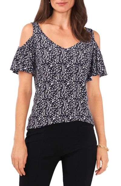 Chaus Print Cold Shoulder Top In Navy/ White