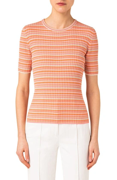Akris Punto Stripe Short Sleeve Rib Virgin Merino Wool Sweater In Pink Orange Cord