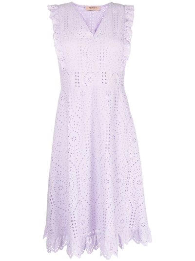 Twinset Embroidered Ruffle-trim Dress In Purple