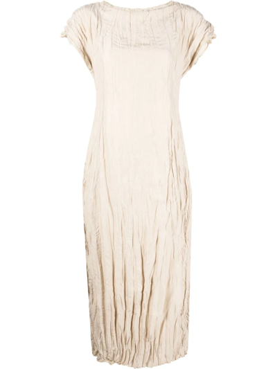 Totême Crinkled Cap Sleeve Habutai Silk Midi Dress In Light Hay