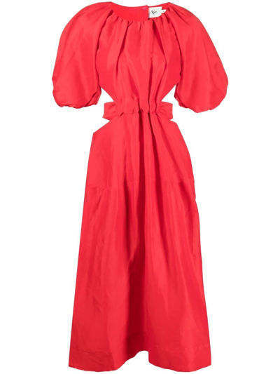 Aje 'mimosa' Cutout Detail Silk Linen Puff Sleeve Midi Dress In Red