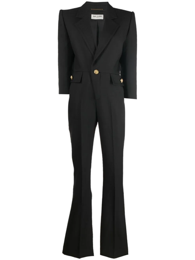 Saint Laurent Button-embellished Herringbone Wool Jumpsuit In Noir