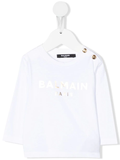 Balmain Babies' Metallic-logo Long-sleeve T-shirt In Weiss