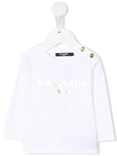 Balmain Babies' 金属感logo长袖t恤 In Weiss