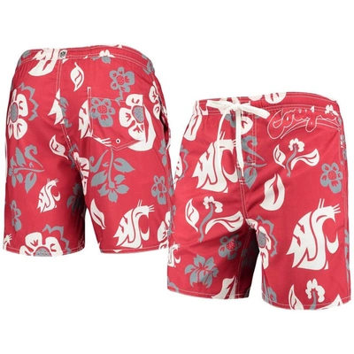 Wes & Willy Men's  Crimson Washington State Cougars Floral Volley Logo Swim Trunks