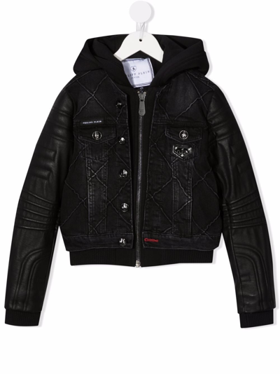 Philipp Plein Junior Kids' Hooded Denim Jacket In Black