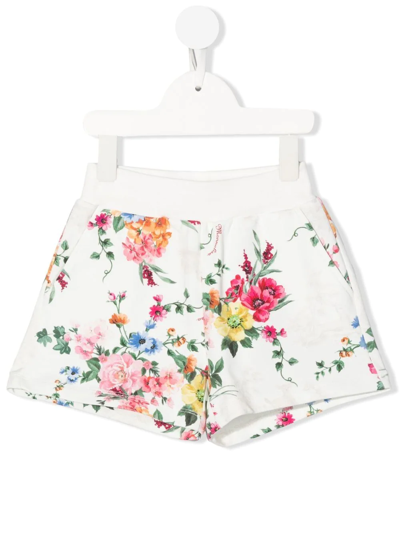 Monnalisa Kids White Floral Print Cotton Shorts In Ecru