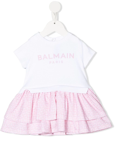 Balmain Babies' Kids Logo-print Tiered Cotton Dress (3-9 Months) In Pink