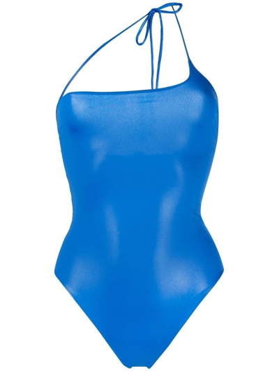 Attico Sheen Crossover Halterneck Swimsuit In Blue