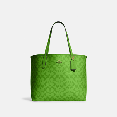 Coach Outlet City Tote In Blocked Signature Canvas In Green