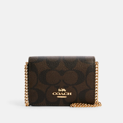 Coach Outlet Mini Wallet On A Chain In Signature Canvas In Brown