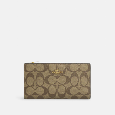 Coach Outlet Slim Zip Wallet In Signature Canvas In Beige