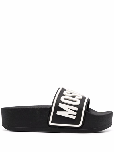 Moschino Slides Sandals With Embossed Logo In Black