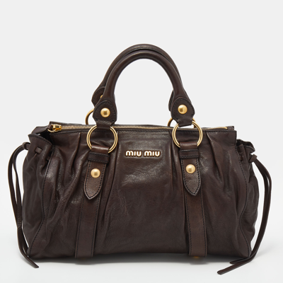Pre-owned Miu Miu Dark Brown Vitello Lux Leather Bow Tote