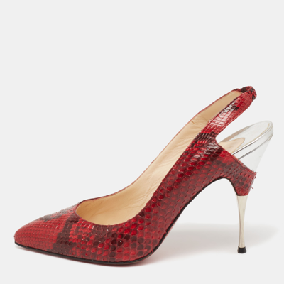 Pre-owned Christian Louboutin Red/black Python Leather Slingback Pumps Size 38.5