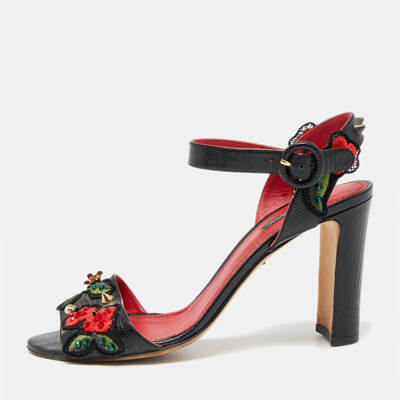 Pre-owned Dolce & Gabbana Black Lizard Embossed Carnation Heeled Sandals Size 40