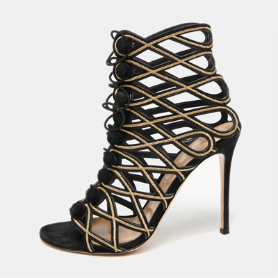 Pre-owned Gianvito Rossi Black/gold Suede And Cutout Leather Lace Up Peep Toe Sandals Size 41