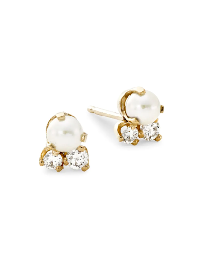 ZOË CHICCO WOMEN'S 14K YELLOW GOLD, DIAMOND, & 4MM FRESHWATER PEARL CLUSTER STUD EARRINGS