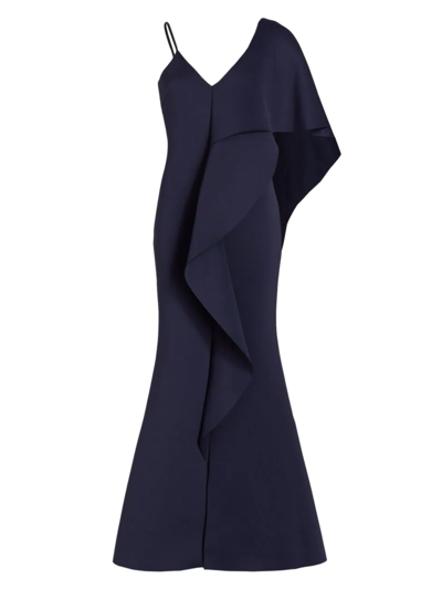 Badgley Mischka Asymmetrical Neoprene Ruffle Gown In Navy