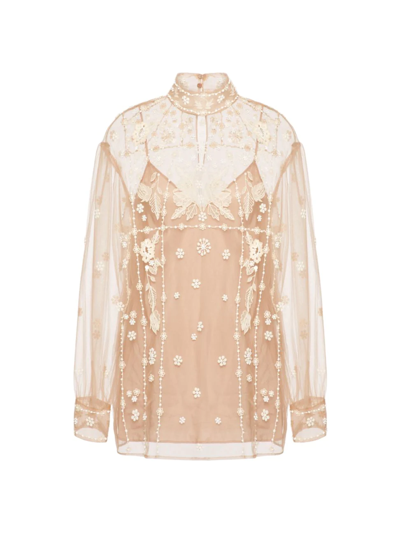 Valentino Floral-embroidered Tulle High-neck Blouse In Pastel Pink