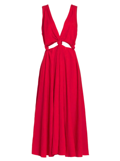 farm rio knotted cut-out linen-blend midi-dress Farm Rio Knotted Cut-out Linen-blend Midi-dress In Red