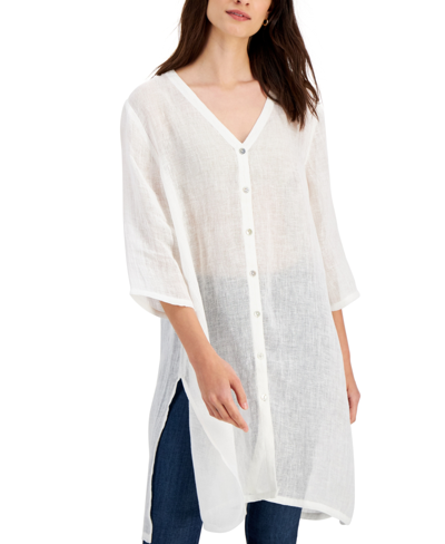 Eileen Fisher Longline V-neck Organic Linen Shirt In White