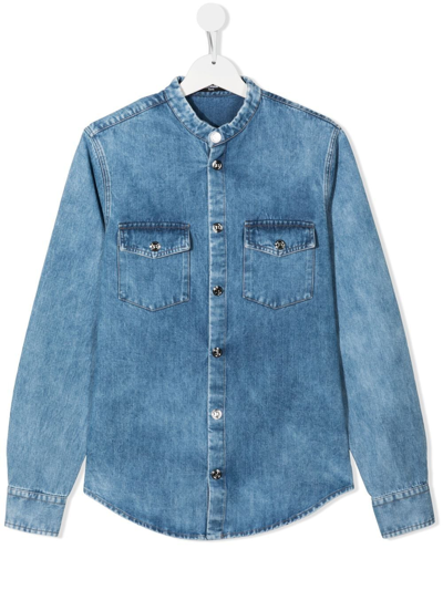 Balmain Teen Collarless Denim Shirt In Blau