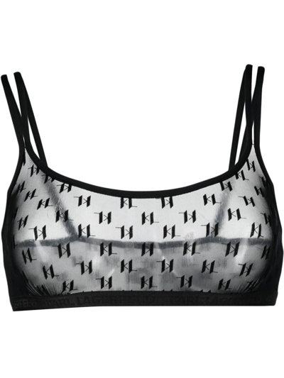 Karl Lagerfeld Sheer Monogram-pattern Bralette In Black