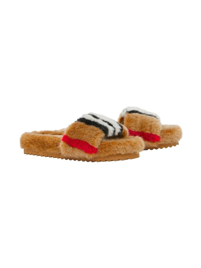 Burberry Kids' Icon Stripe Faux Fur Slide Sandals In Бежевый