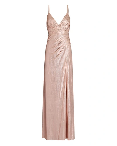 Retroféte Yesi Metallic Wrap Bodice Gown With Side Slit In Pink