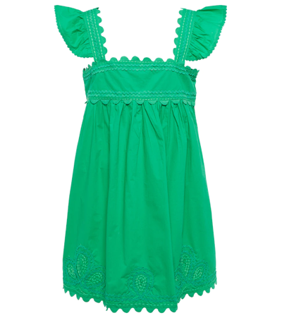 Juliet Dunn Baby Doll Embroidered Cotton Minidress In Kelly Green