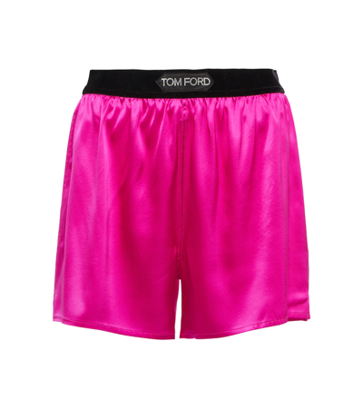 Tom Ford Pink Satin Shorts With Logo On Waistband In Stretch Silk
