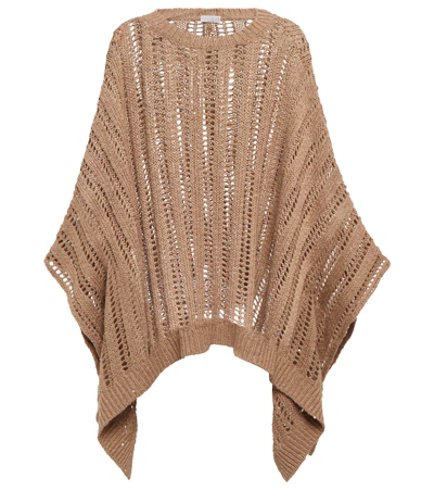 Brunello Cucinelli Leno Linen Open-knit Paillette Poncho In Brown