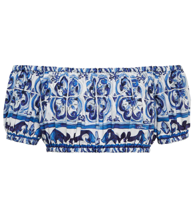 Dolce & Gabbana Printed Cotton Crop Top In Blue,white