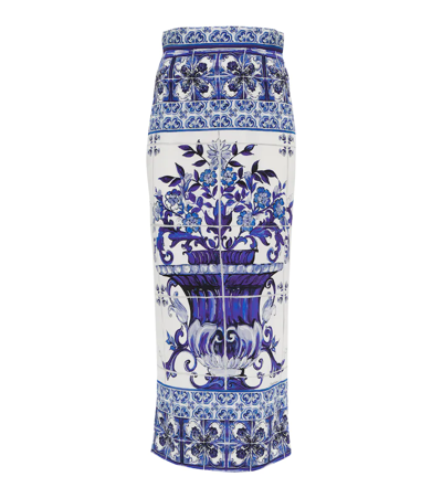 Dolce & Gabbana High Waist Stretch Silk Charmeuse A-line Midi Skirt In Blue