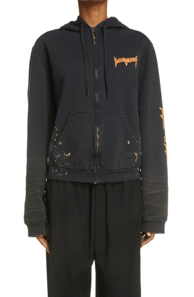 Balenciaga Logo Splatter Paint Disteressed Zip-up Hoodie In Black