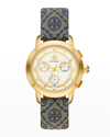 Tory Burch The Tory Chronograph Watch With Blue Fabric And Luggage Leather Strap