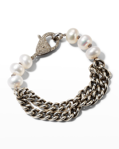 Sheryl Lowe Sterling Silver Double Curb Chain Bracelet With Pave Diamond Clasp