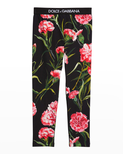 Dolce & Gabbana Kids' Girl's Rose-print Logo Leggings In Black