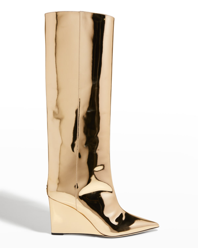 Jimmy Choo Blake Metallic Leather Wedge Knee Boots In Gold