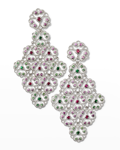 Alexander Laut White Gold Ruby, Tsavorite And Sapphire Flower Drop Earrings