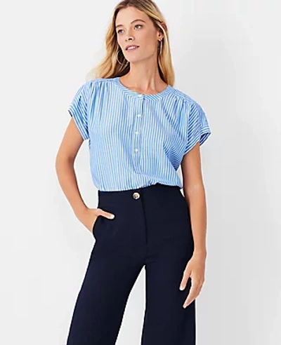 Ann Taylor Tall Striped Drop Shoulder Popover Top In Nile Blue