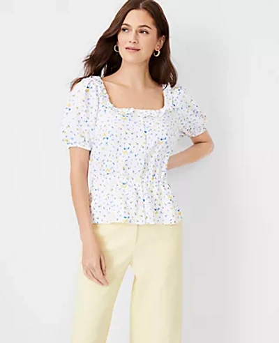 Ann Taylor Petite Floral Mixed Media Button Square Neck Top In White