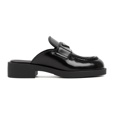 Prada Leather Logo Loafer Mules In Black