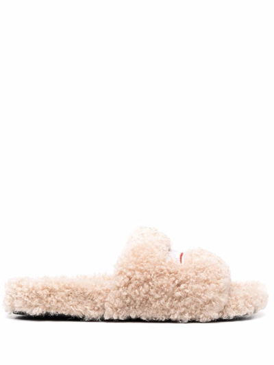 Balenciaga Furry Logo-embroidered Faux Shearling Slides In Brown