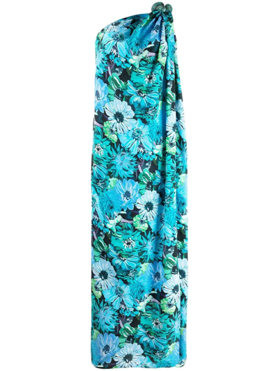 Stella Mccartney Flower-print One-shoulder Crepe De Chine Maxi Dress In Blue