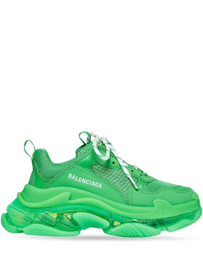 Balenciaga Triple S Embroidered Neon Mesh And Faux Leather Sneakers In Green