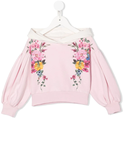 Monnalisa Kids' Floral-print Wide-sleeves Hoodie In Dusty Pink + Ecru