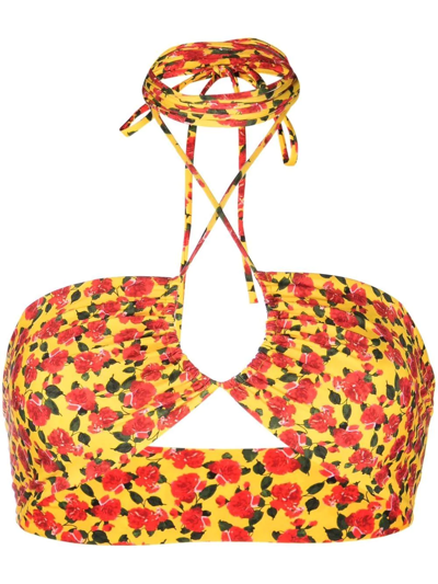 Magda Butrym Ruched Floral-print Halterneck Bikini Top In Yellow
