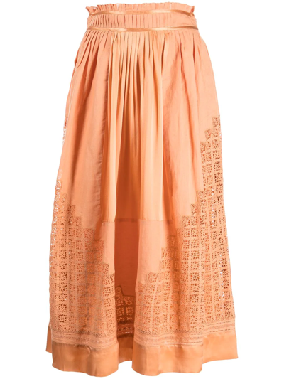 Ulla Johnson Cadena Thread Embroidery Midi Skirt In Orange